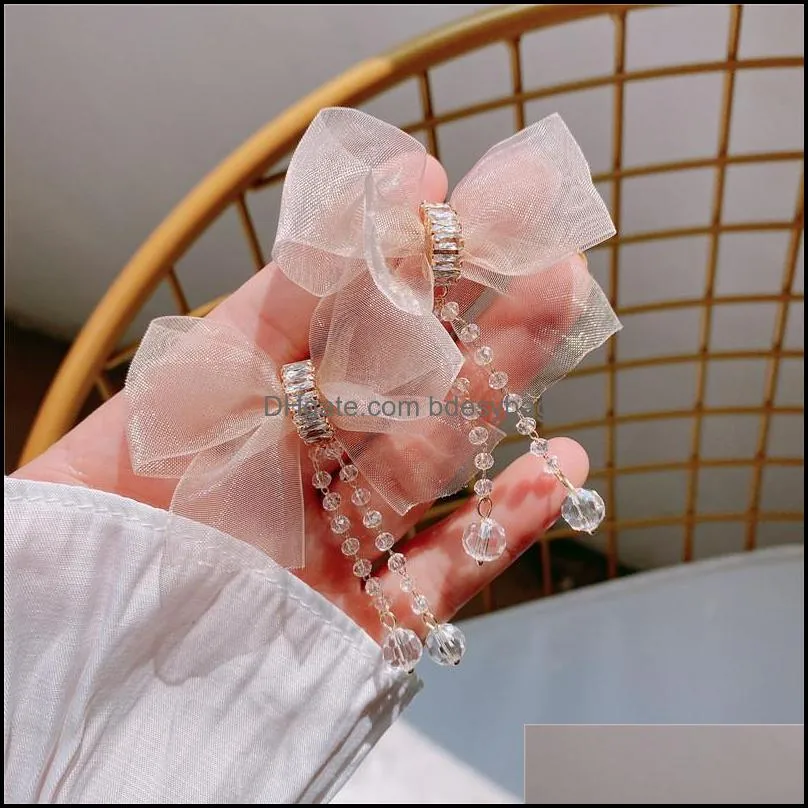charm korean fashion ear accessories silver needle chiffon bow spring and summer temperament crystal tassel earrings