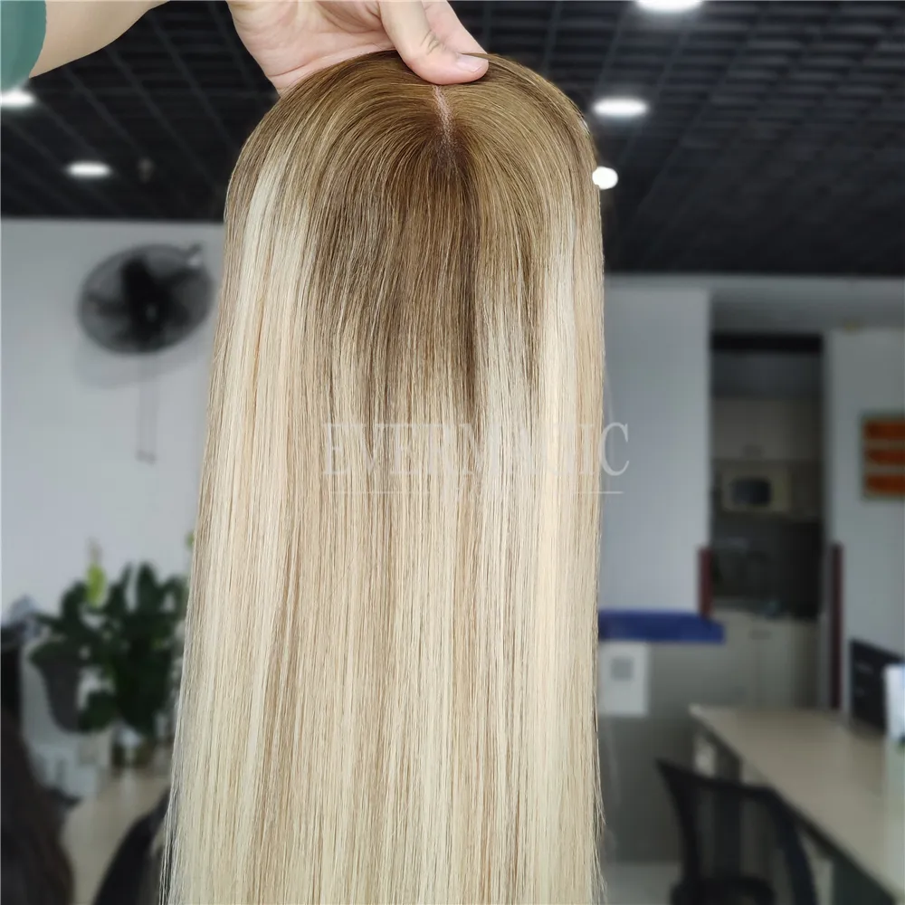 NIEUW KOMEN BALAYAGE OMBRE BLONDE Kleur Human Hair Pieces Toppers Mono met open inslagbasis voor haarverlies dunner wordende vrouwen