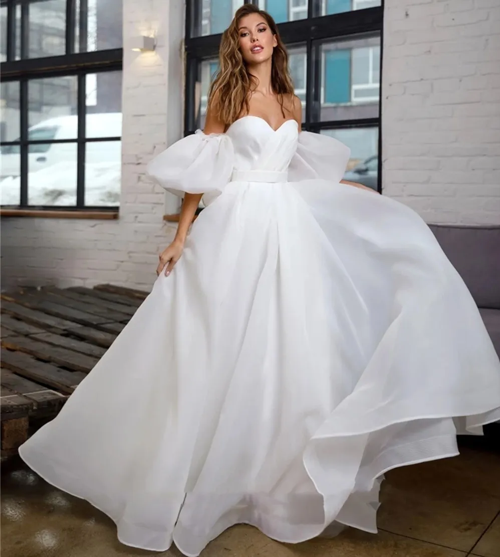 Romantic A Line Reception Dress with Detachable Sleeves - Sweet Organza Princess Gown for 2022 Brides (Vestido de Noiva)