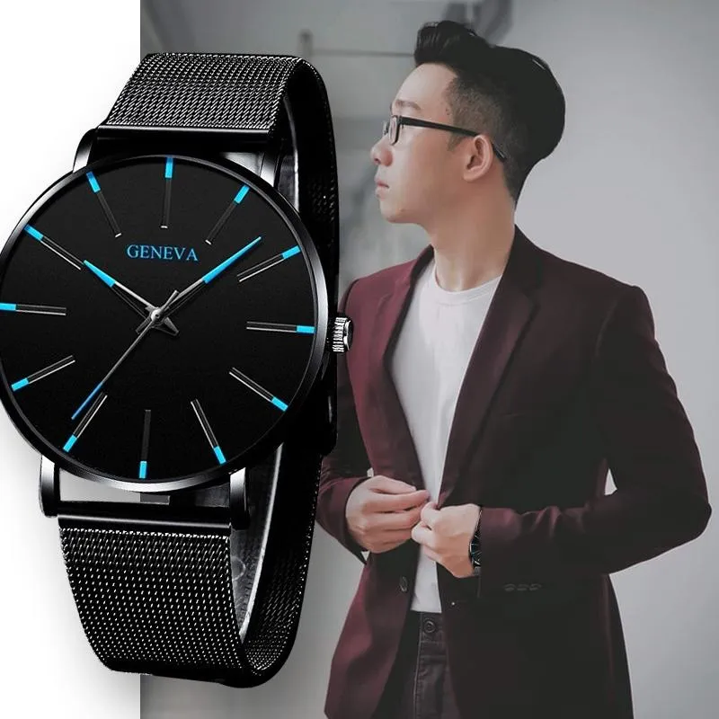 ساعة Wristwatches Geneva Ultra Thin Mens الساعات المؤشر الأزرق الترفيهي Quartz Wristwatch الشبكة غير القابل للصدأ الاتصال الهدايا الهدية على مدار الساعة Relogio Masculinowri