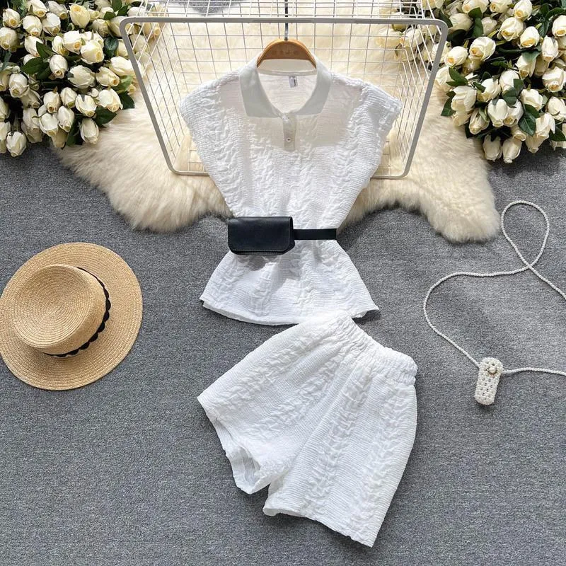 Women's Tracksuits White Shorts Suits Woman Vintage Bag Tank Sleeve Shirt And Short Pants Suit Jacquard Two Piece Set Female Office Ladies O