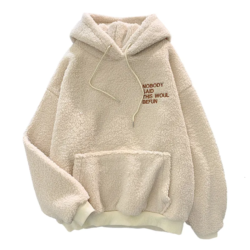 Kvinnors hoodies tröjor vinter plus sammet förtjockning modebrev broderier harajuku kvinnor pocket löst casual lamm fleece varm 230206