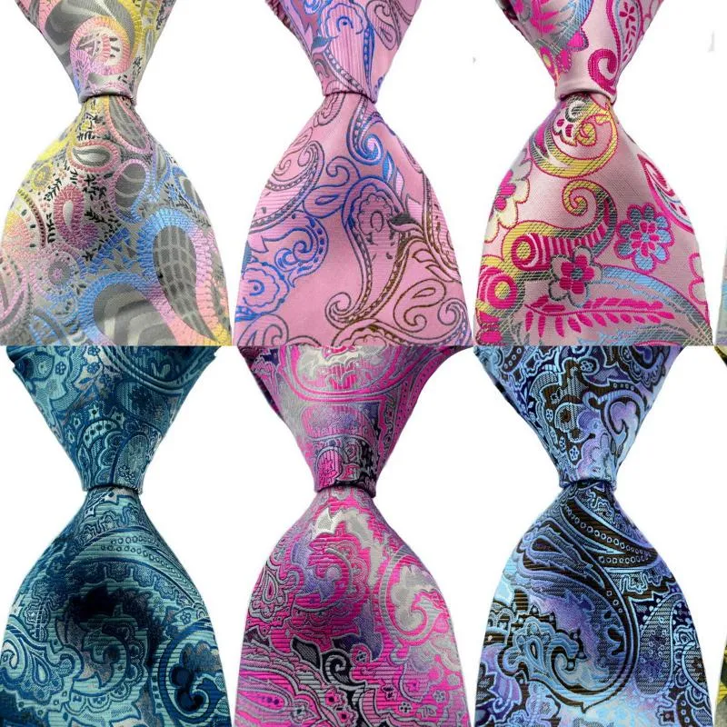 Bow Ties Men's Floral Tie 100% Silk Paisley Pink Gray Red Jacquard Party Wedding Woven Fashion Design NecktieBow
