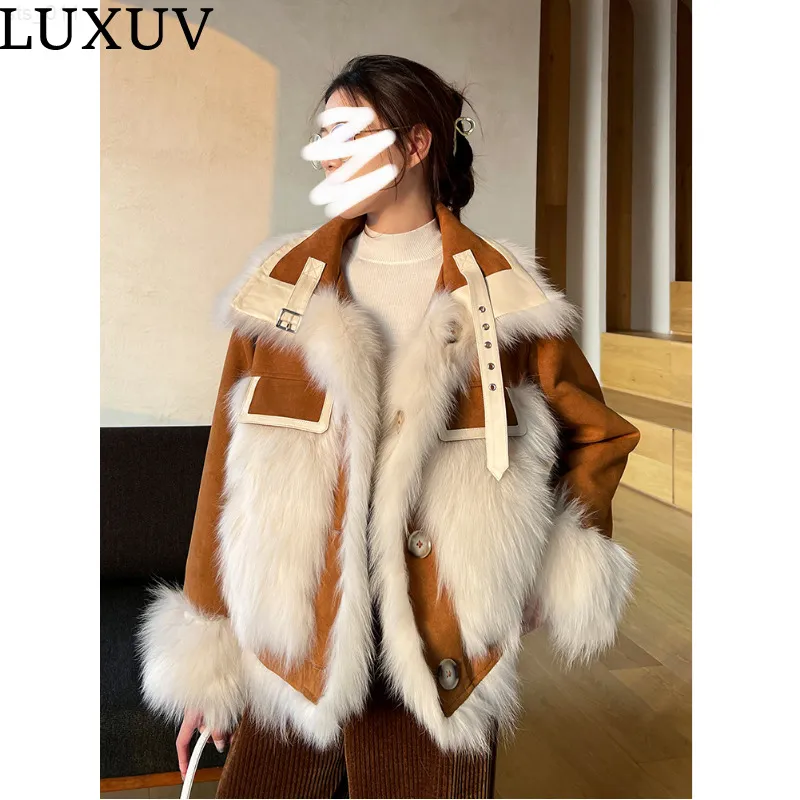 Luxuv Fahion Nowy słodki płaszcz vintage w stylu japoński podwójne kieszenie Kobiet Kurtka 2022 ciepłe futrzane kołnierz zamek błyskawiczny femme