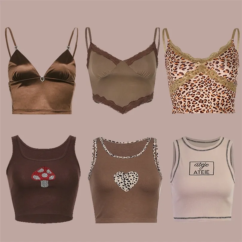 Frauen Crop Tops Y2K Ästhetische Sexy Nette Sommer Neckholder Braun Camis Mode Lässig Weiblichen Ärmelloses 90er Jahre Korsett Top 220607