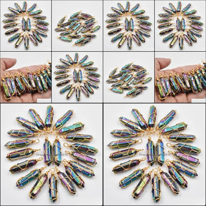 gold wire colorful stone charms hexagonal healing reiki point pendants for jewelry making