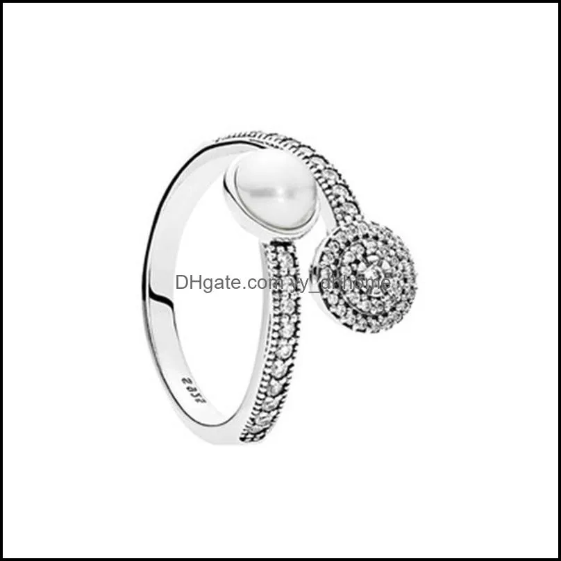 White Crystal Pearl Clear CZ Diamond 925 Sterling Silver RING Set Original Box for Luminous Glow Ring Women Girls Wedding 6 K2