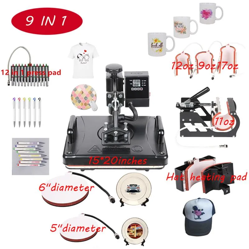 Printers 9 in 1 Warmtepersmachine voor plaat / mok / dop / t-shirt enz., Penprinter, Multifunctio Sublimatie / Warmteoverdracht