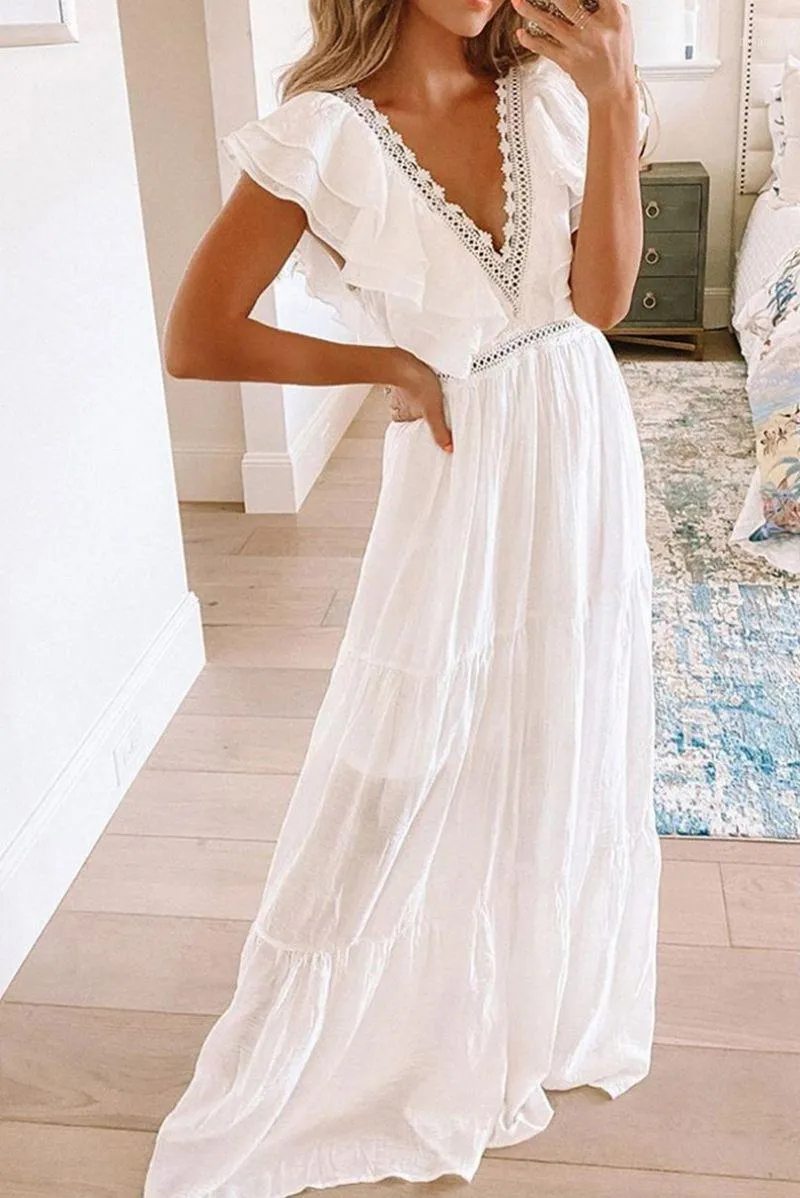 Casual Dresses Summer Boho Beach Long Dress White Elegant Sexy V-Neck High Waist Women Party Ruffles Sleeve Plus Size