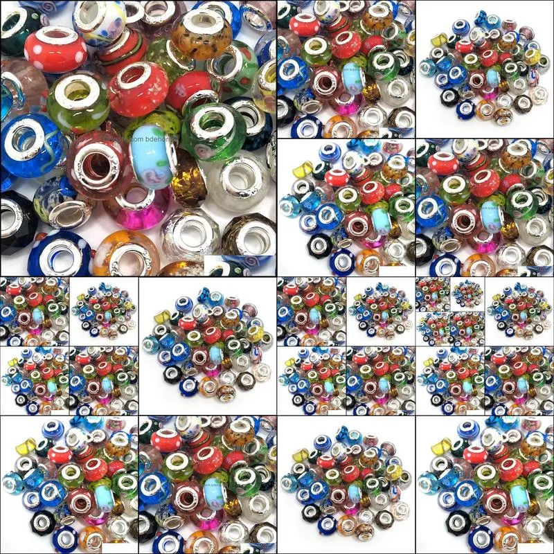 Brand New Mix Styles Glass 925 stering cord big hole loose beads fit European pandora jewelry Diy bracelet charms 50pcs per lot