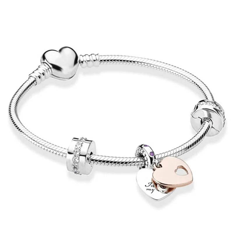 s925 Sterling Silver Lyxarmbandsset Pärlrosa Girly Heart Fit Original Pandora Armbandshänge Modesmycken DIY Dampresent med ask 16-21cm