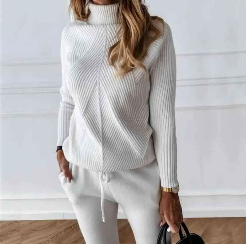 2022 новый осенне-зимний женский спортивный костюм, сплошной цвет, полосатый свитер с высоким воротом и эластичные брюки, вязаный комплект из двух предметов T220729