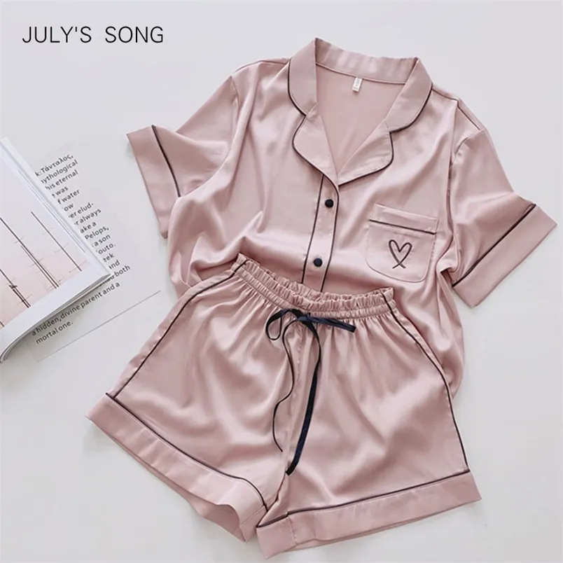 JULY'S SONG Coeur Broderie Pyjamas Femmes Solide Rose Pyjamas D'été Vêtements De Nuit Casual Doux Faux Soie Satin Vêtements De Nuit Homewear 220321