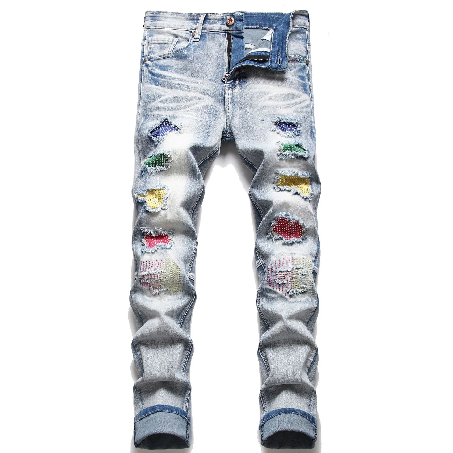 Colorful Patch Jeans Pants Men Slim Fit High Quality Design Straight Biker Big Size Motocycle Men's Hip Hop Trousers For Male 28-42