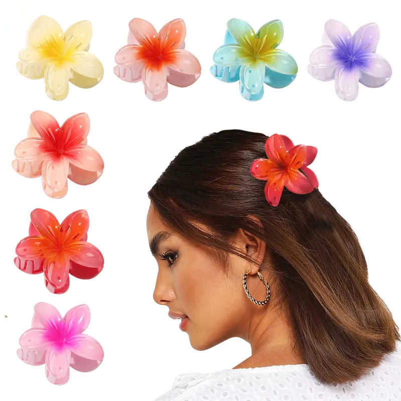 Hawaiian Plumeria Flower Hair Claw Clips Acrylic Gradient Color Petals Hair Shark Clamp Ponytail Hairpin Bridal Headdress Party Decoration