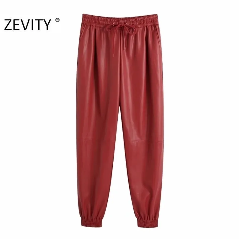 Zevity Novas mulheres Moda Moda Casual Casual Couro Ponta de Harem Chic Cintura elástica Cintura Femme Pantalones calças Mujer P950 201113