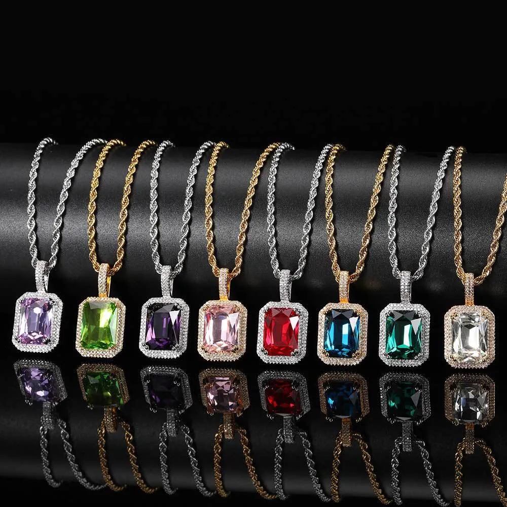 Hip Hop Dames Sieraden Effen Vierkante Kleur Stenen Hanger Micro Set Zirkoon Dames Ketting