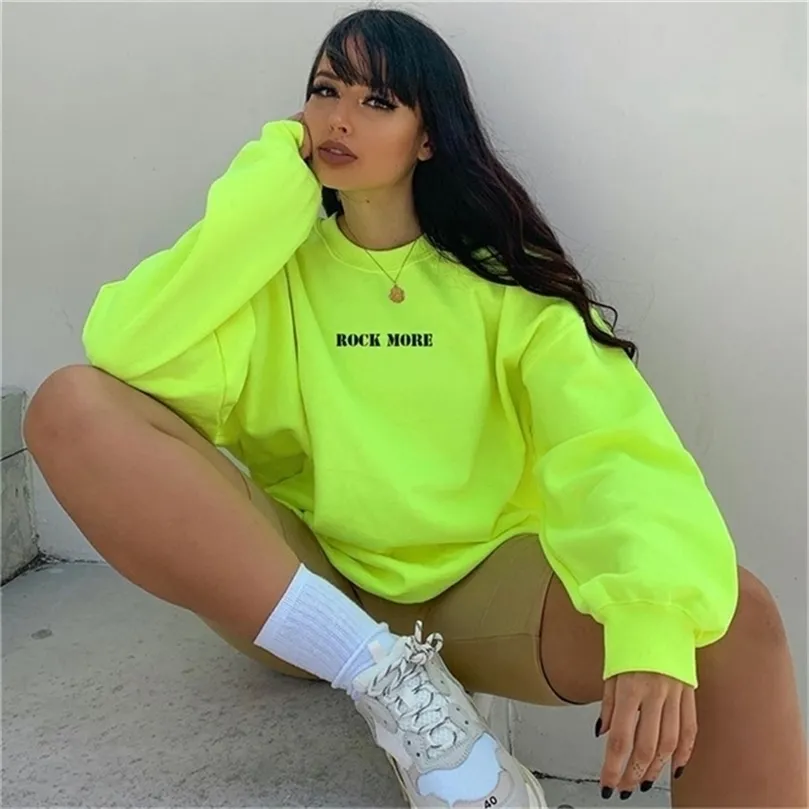 YICIYA Casual Oversized Hoodie Neon Green Letter Print Hip Alphabet print top Hop Streetwear Long Sweatshirts Women Retrieve Top 201126