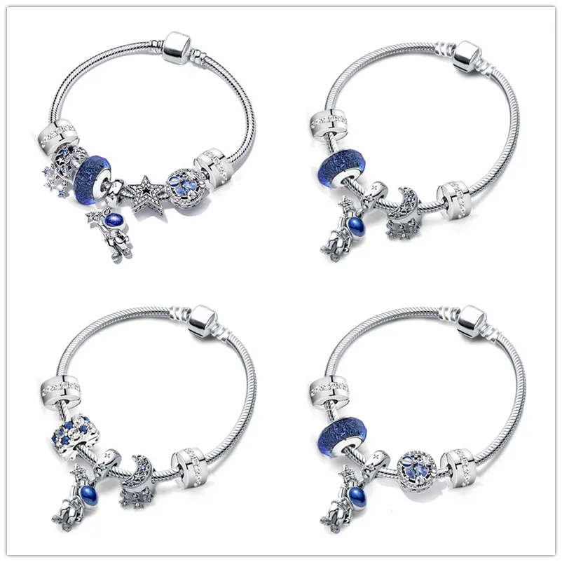 New s925 Sterling Silver Luxury Bracelets Set Beaded Fit Original Pandora Bracelet Pendant Fashion Jewelry DIY Blue Star Moon Astronaut Charm for Women Gifts 16-21CM