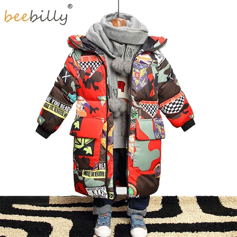 Veste pour garçons Marque Vestes d'hiver à capuche Graffiti Camouflage Parkas pour adolescents garçons épais long manteau enfants vêtements LJ201128