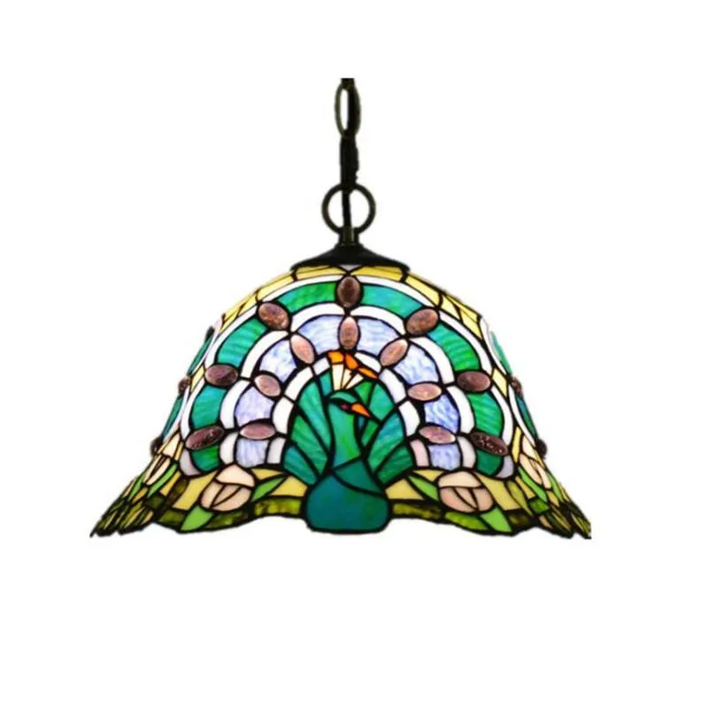 Pendantlampor 12 "Tiffany Green Peacock Glass Lamp med kedja för barrestaurang Matsal Balkong Vintage Retro Suspension 1182Penda