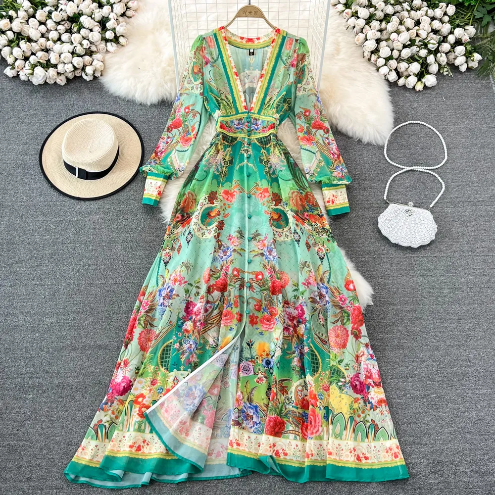 NOWOŚĆ 2022 LETNE MODY RUNWAY ELEGANTOWANY SHIFFON MAXI SURES Women V Neck Print Boho Holiday Party Long