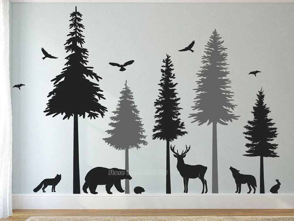 Wall Stickers Large Pine Tree Animal Sticker Office Dorm Room Jungle Forest Decal Bedroom Nursery Decor Wallpaper LL2088