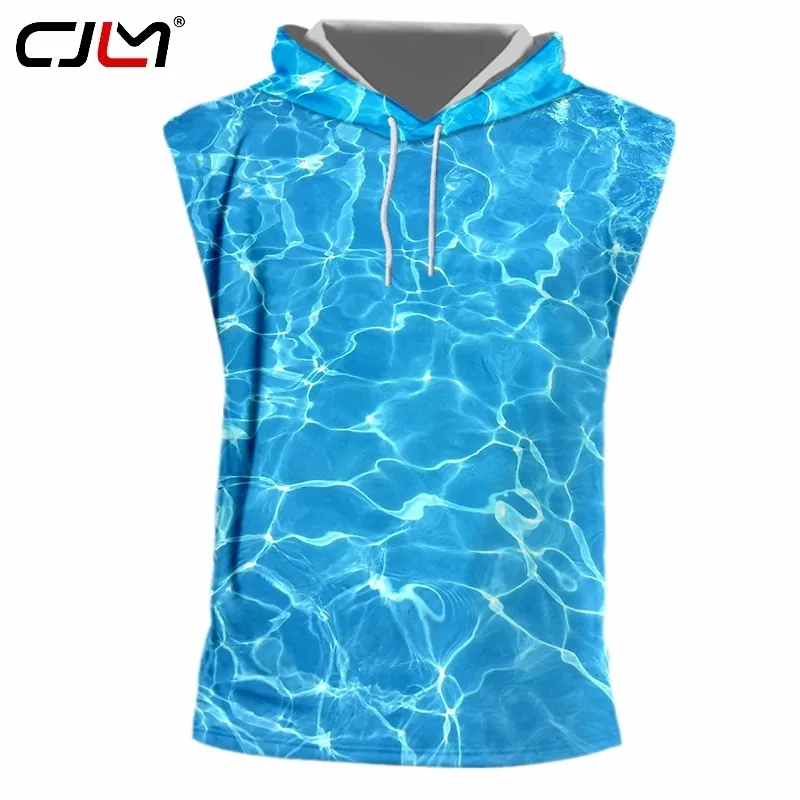 Mens Hooded Tank Top 3D Printed Ocean Wave Vest Handsome Hip Hop Man Blue Water Cool 220623