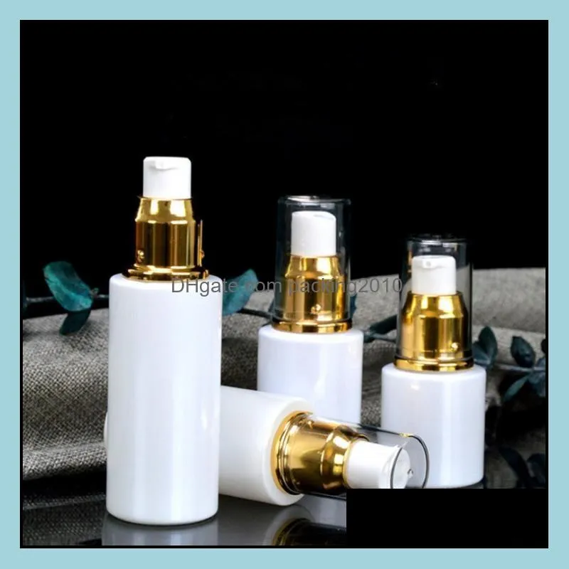 30ml 50ml 80ml white glass pump bottle essential oil perfume bottles atomizer spray bottle with gold cap collar clear cover sn3779