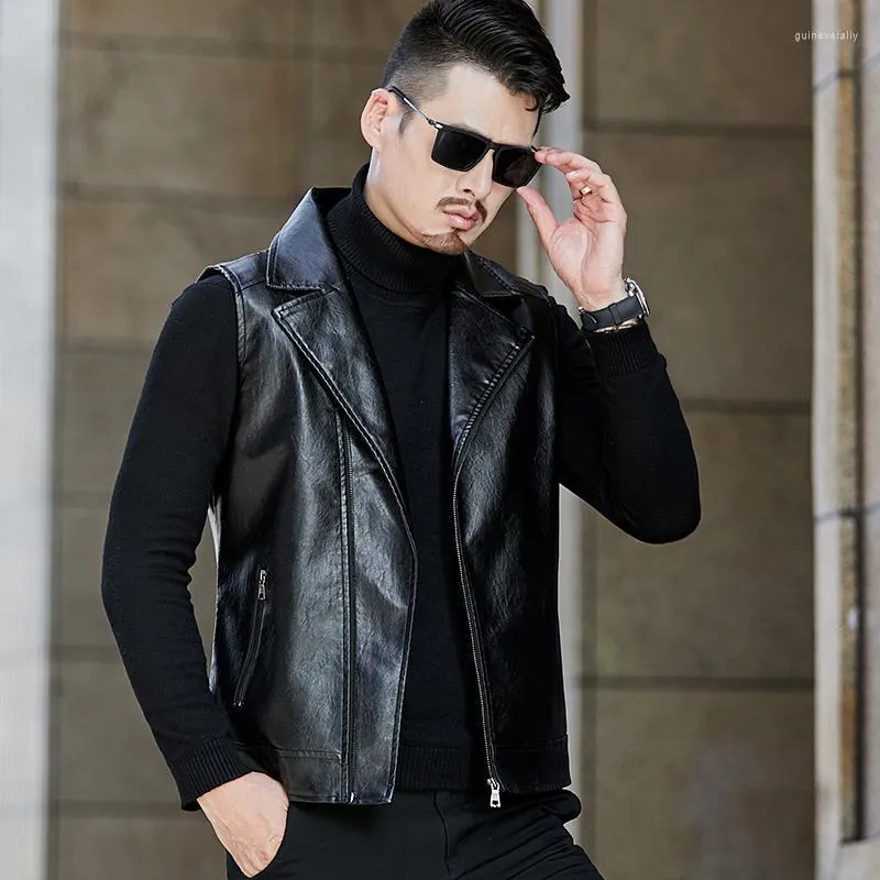 Coletes masculinos Autumn Custom Black Motorcycle Leather Men Bolsotes Zipper Plus Size Size Biker Faux Riding sem mangas Jacke Guin22