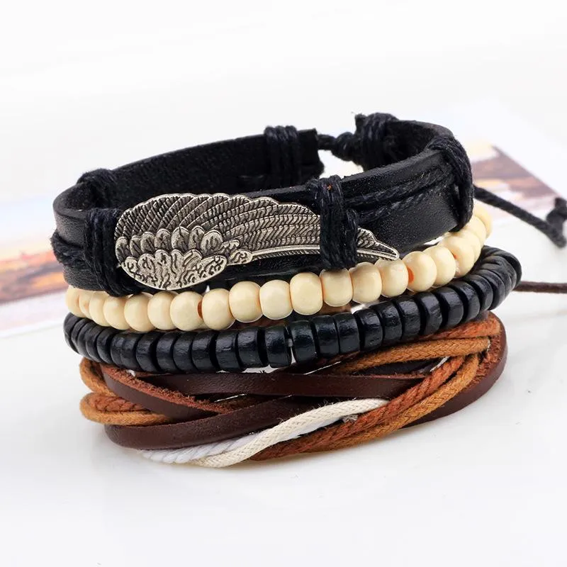 Charm Bracelets 4pcs/set Handmade Boho Gypsy Hippie Black Leather Rope Cord Beige Wood Bead Feather Wing Wrap Layers Bracelet For ManCharm B