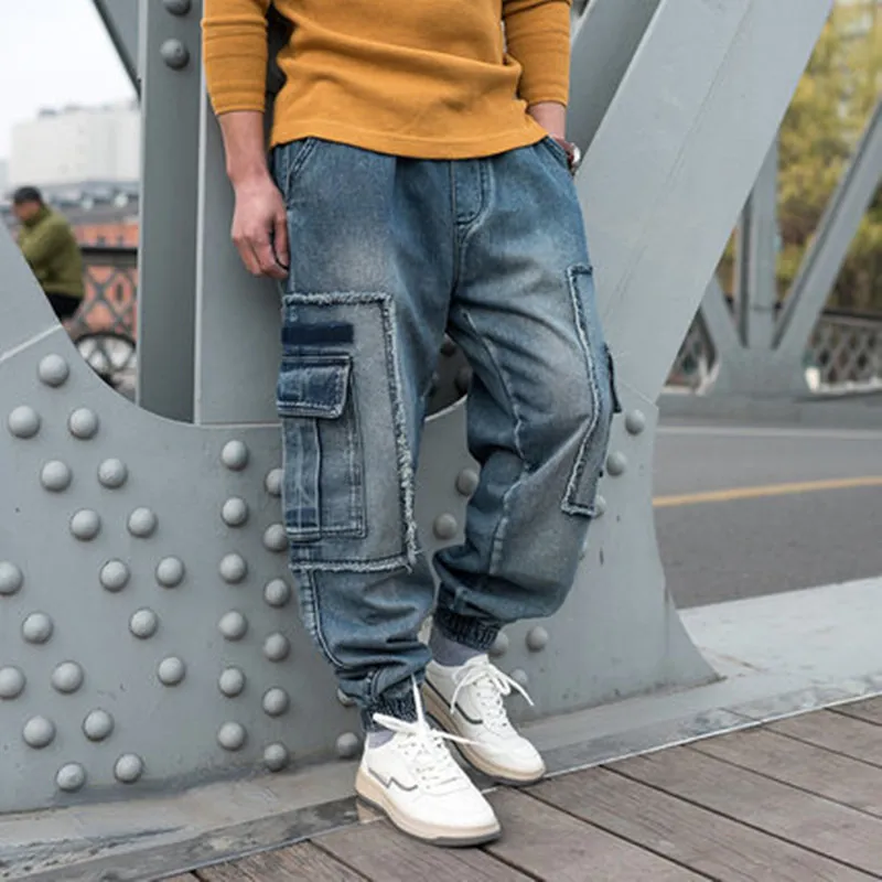 Jeans For Men Fashion Casual Plus Size Loose Elastic Waist Street Wide Leg  Trousers Pants 