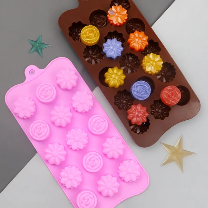 Moldes de cozimento 15 Mesmo tridimensional Floret Silicone Molde de chocolate Gelo treliça com imagem realista e fácil demolição de grau alimentar