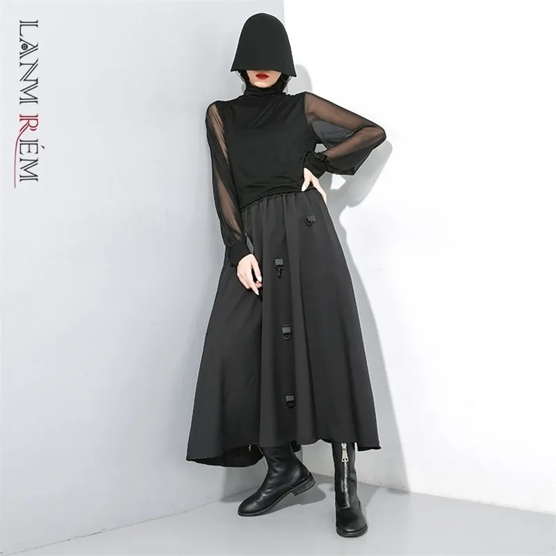 Lanmrem Autumn Fashion Irregular Ring Cross Two Wear Black Womens kjol Elastisk hög midja Allmatch Bottoms YF970 210311