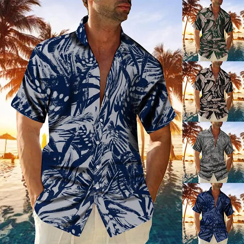 Men's Casual Shirts Leaves Pattern Linen Short Sleeve Shirt Men Summer Floral Loose Baggy Hawaii Holiday Beach Tee Tops Buttons BlouseMen's