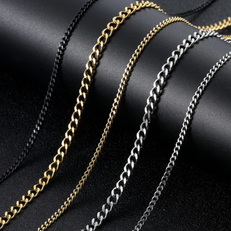 Mens Gold Chains Necklaces Stainless Steel Cuban Link Chain Titanium Steel Black Silver Hip Hop Necklace Jewelry 3mm