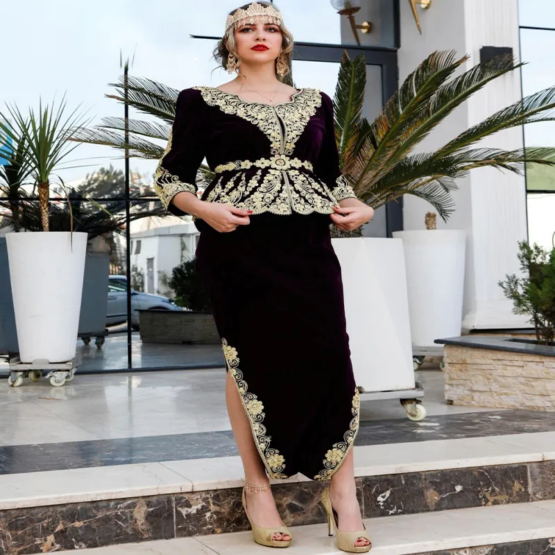 Black Karakou Algerian Evening Dress 2022 With Sleeves Gold Lace Tea Length Formal Prom Dress ELegant Vestido Robe De Soiree Mariage Round Neck Vintage Dubai Party