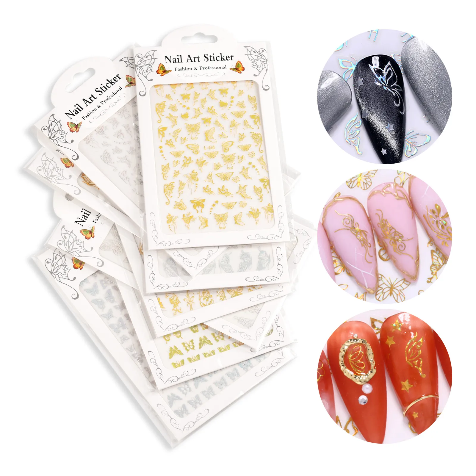 Gold and Silver Nail Art Butterfly Stickers Premium Good-looking 8pcs