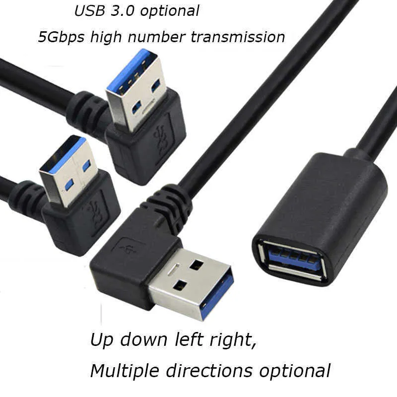 1st 30 cm 90 graders USB 3.0/2.0 Man till kvinnlig adapterkabelvinkelförlängning Extender 5Gbps snabb transmission vänster/höger/upp/ner