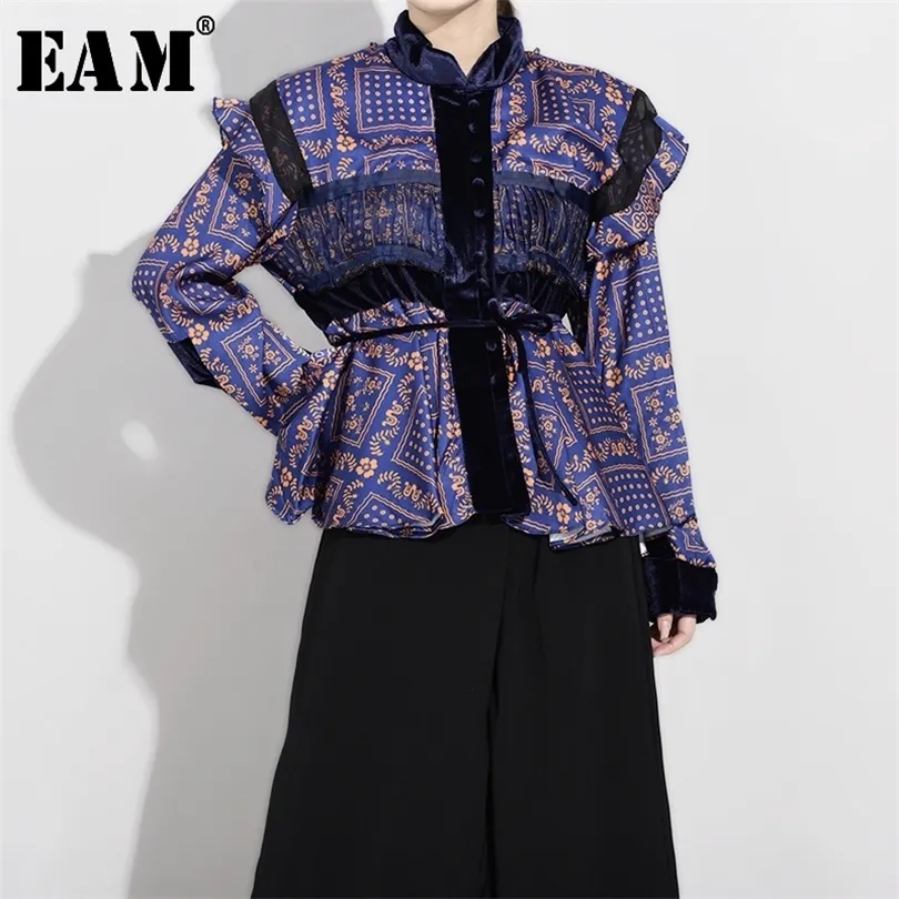 Women Pattern Print Ruffles Temperament Blouse New Stand Collar Long Sleeve Loose Fit Shirt Fashion Autumn T200321