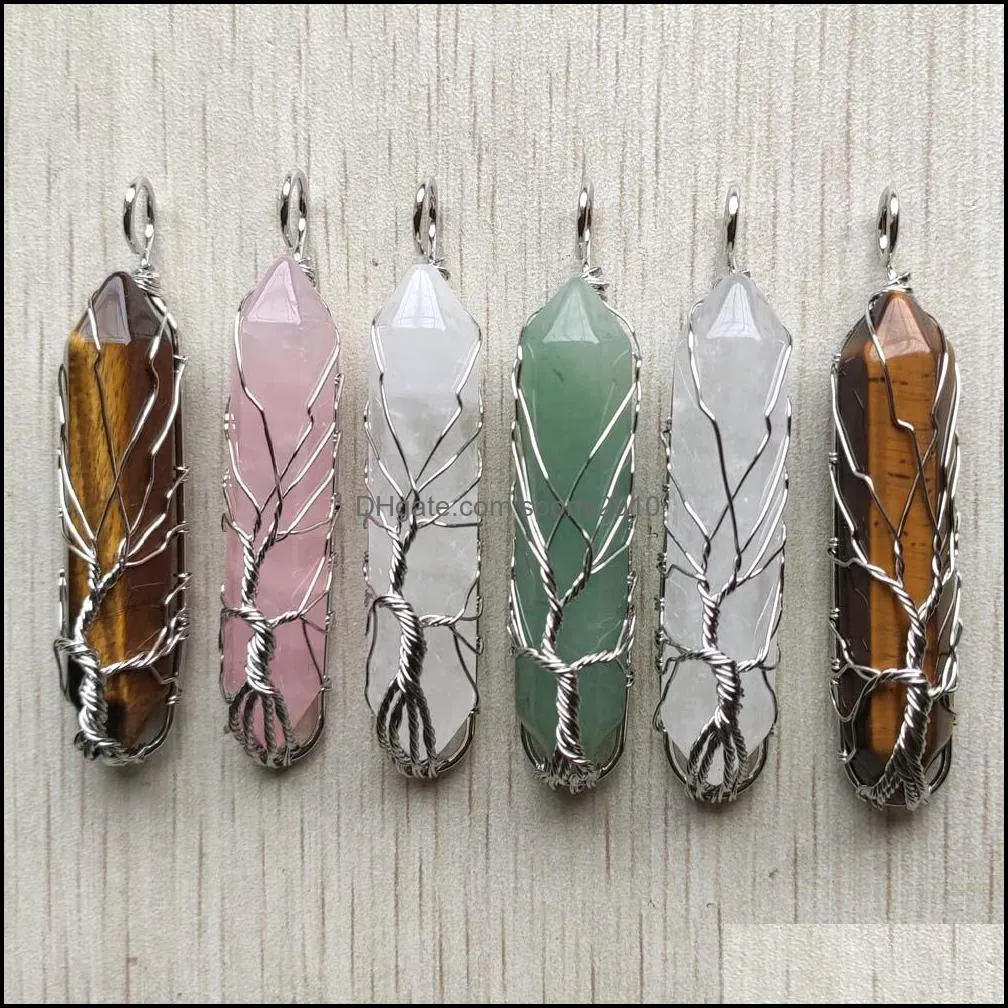 Konst och hantverk Natural Semi-￤delsten Charms Tree of Life Crystal Pillar Pendum Pendants for Jewelry Making Whose Sports2010 DHH