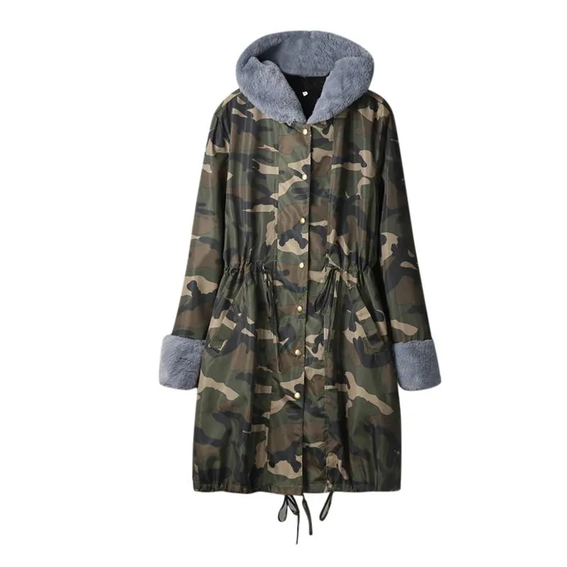 Damesjacks Dames Warm jas jas H Slim Long Hooded Dikke dikke lange mouwen Camouflage Print Drawtring Overjaswomen's