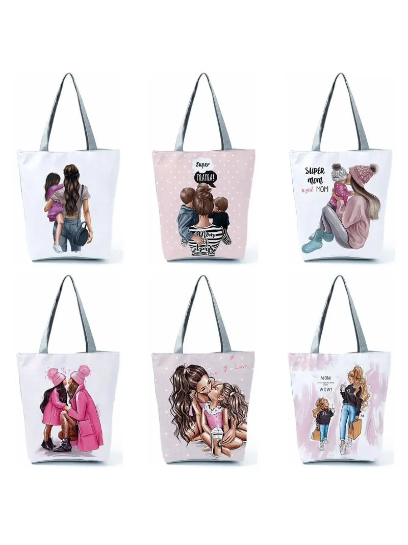 Evening Bags Cute Cartoon Super Mama Print Linen Tote Bag Reusable Shoulder Mom And Baby Fold Women Casual Handbags Lady Fabric Totes