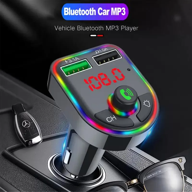 F6 Cargador de coche USB dual Inalámbrico Auto BT 5.0 Transmisor FM Adaptador de manos libres Atmósfera Lámpara de luz Receptor de audio Reproductor de MP3 con caja al por menor