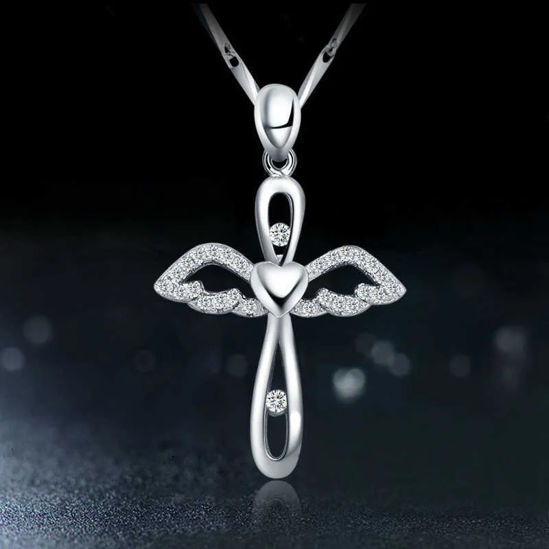 Изящное сладкое крест кулон ожерелье колье ювелирные изделия женские серебряные цветовые цепи ангела крылья затвердевание партии свадебные подарки