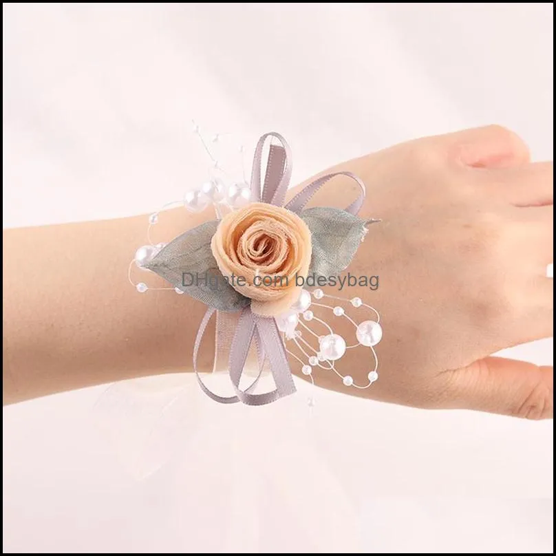 charm bracelets bridal flower bracelet for women wrist ribbon rose flowers pearl bow bridesmaid wedding accessories giftscharm