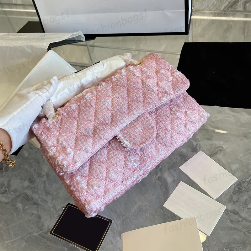22Ss F / W Women Classic Double Flap Pink Tweed مبطن حقائب GHW Crossbody Shoulder Multi Pochette Purse Turn Lock Outdoor Sacoche Luxury Designer Hand Bags 25CM