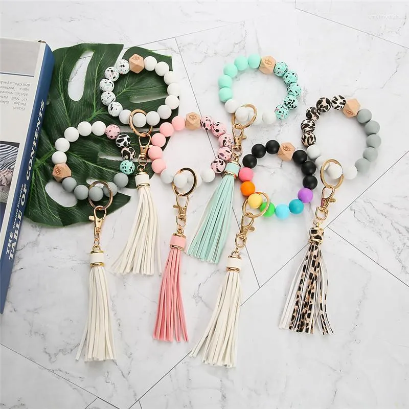 Porte-clés 1pcs coloré silicone perlé bracelet porte-clés pour femmes filles sac en cuir gland bijoux accessoires Emel22