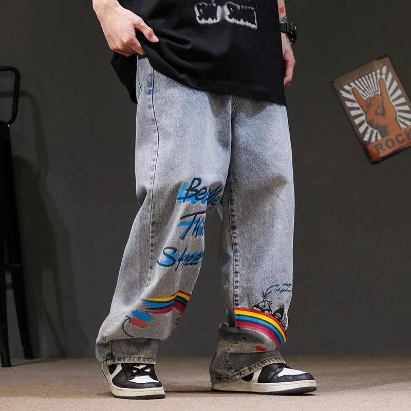 Männer Hosen Regenbogen Jeans Männer Lustige Blau Mode Retro Baggy Harajuku Sommer High Street Casual Hip Hop Hose Streetwear MalesMen's