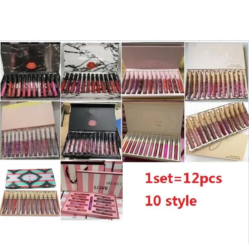 12 renk LipGloss Matte likit rujlar Lip Gloss Suit Set 12pcs/set rujlar 10 stil 1set